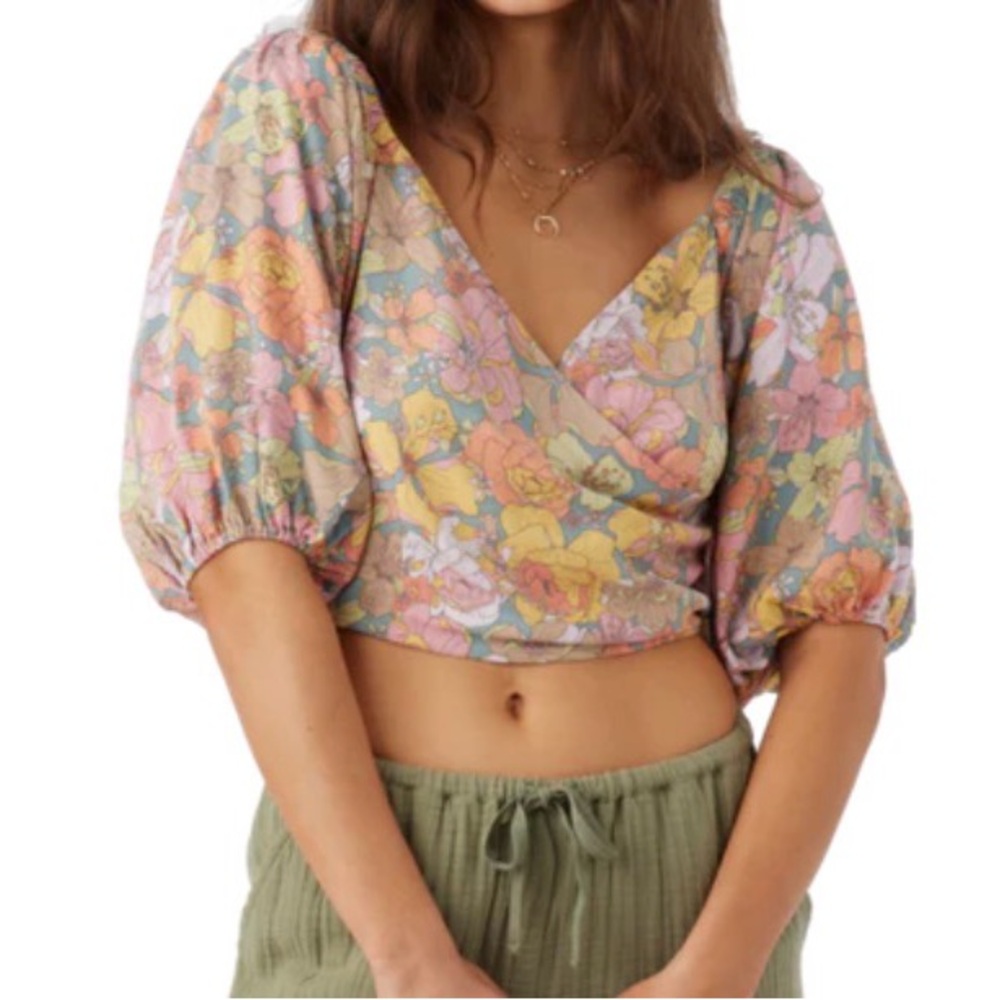 O'Neill Dorian Janis Multicolor Floral Small Crop Top Faux Wrap Style NWT